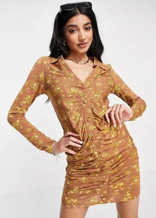 Платье-рубашка мини горчичного цвета с цветочным принтом и сборками ASOS DESIGN-Желтый