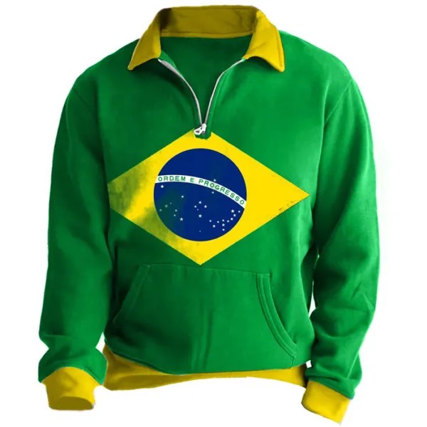 Мужская толстовка с цветными блоками и флагом Бразилии на молнии с карманом на чемпионате мира по футболу