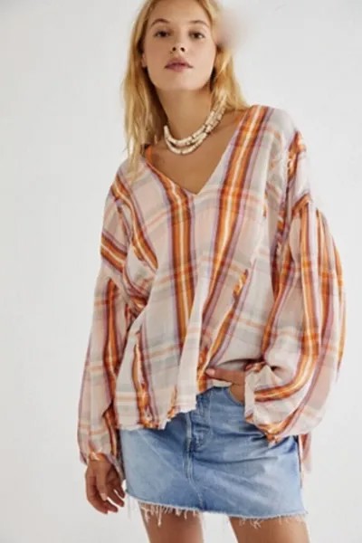 Блузка с клетчатым топом Free People Solstice Светло-оранжевый пуловер прозрачного размера оверсайз XS, НОВИНКА
