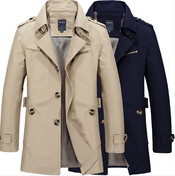 Ветровка мужская хлопковая, Модное Длинное приталенное деловое пальто, повседневный Тренч для работы, верхняя одежда, зима-осень