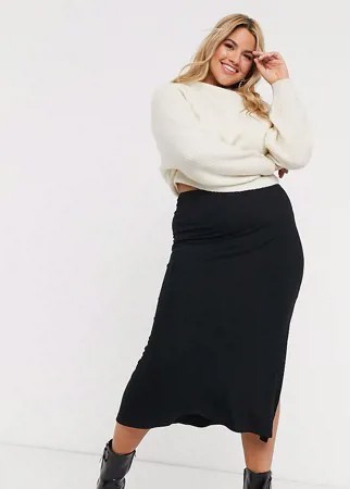 Трикотажная облегающая юбка миди с разрезом ASOS DESIGN Curve-Черный цвет