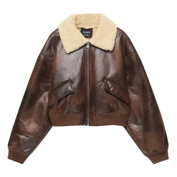 Куртка Pull&Bear Faux Leather Aviator, коричневый