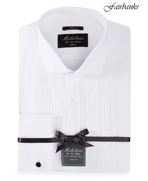 Лондонская мужская рубашка-смокинг slim-fit stretch с плиссированным нагрудником и французскими манжетами Michelsons, белый