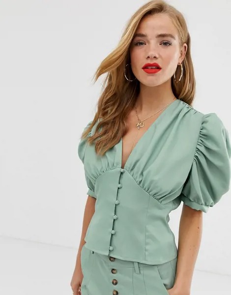 Зеленая блузка с пышными рукавами In The Style x Laura Jade-Зеленый