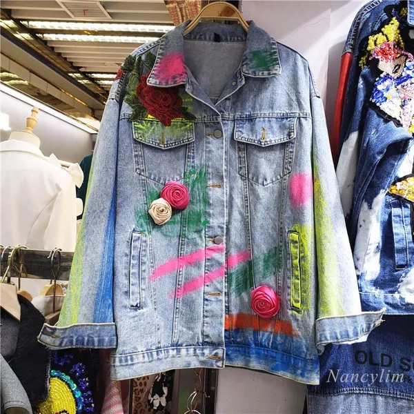 Модная брендовая джинсовая куртка для женщин, цветное пальто с граффити и блестками с трехмерной вышивкой розы и кружевом с длинным рукавом...