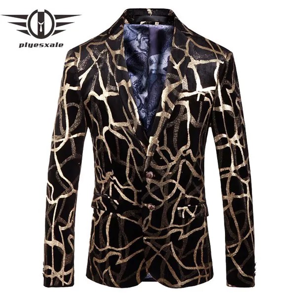 Plyesxale черно-золотой пиджак-блейзер для мальчика для мужчин 2018 с модным принтом вечерние Блейзер мужские повседневные пиджаки для женщин в повседневном стиле Slim Fit Мужской выпускного вечера одежда Q160