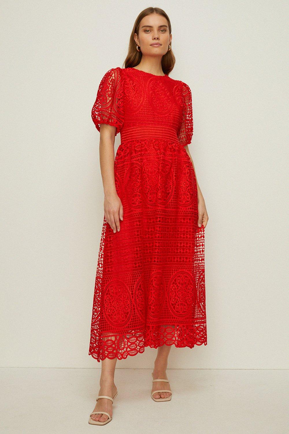 Кружевное платье миди премиум-класса с пышными рукавами Oasis, красный