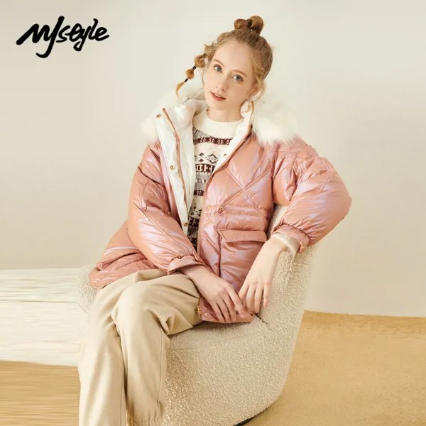 MJstyle 2021 зимний женский 90% белый утиный пух Блестящий Фиолетовый меховой воротник с капюшоном пуховая парка куртка ветровка 820170035