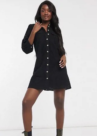 Кружевное платье-рубашка мини черного цвета с объемными рукавами Vero Moda Tall-Черный цвет