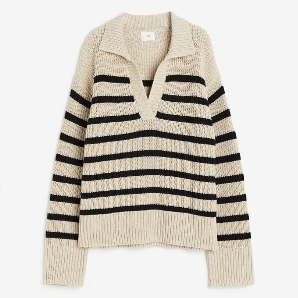 Свитер H&M Rib-knit Polo, светло-бежевый/черный