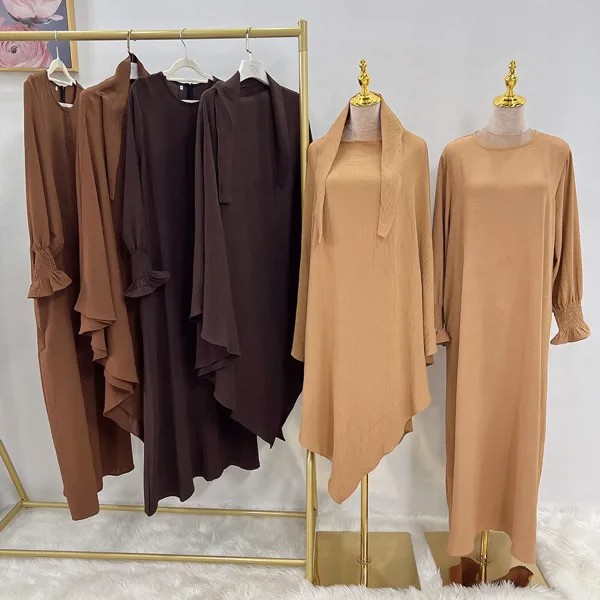 Мусульманское женское платье Дубай турецкий сплошной цвет абайя химар набор исламский Рамадан кафтан с хиджабами Паранджа Шаль 2 шт.
