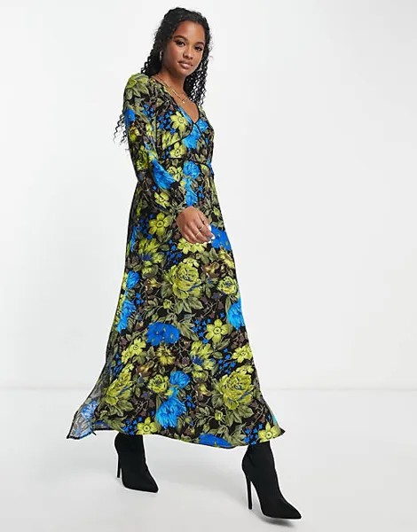 Разноцветное платье миди с длинными рукавами и цветочным принтом YAS Petite