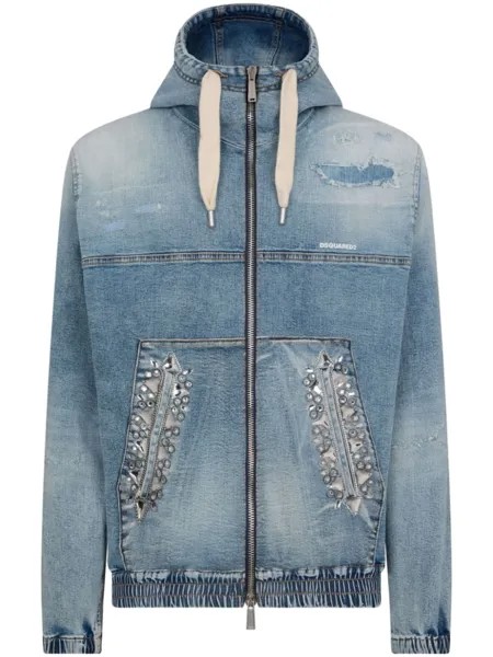 Dsquared2 джинсовый бомбер с капюшоном и кристаллами, синий