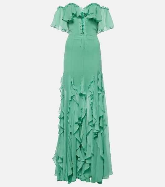 Корсетное шелковое платье с открытыми плечами Costarellos, зеленый