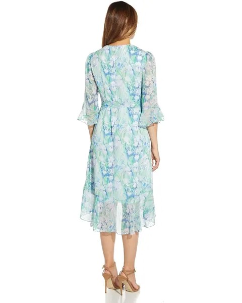 Платье Adrianna Papell Watercolor Printed Chiffon High-Low Hem Dress, синий мульти