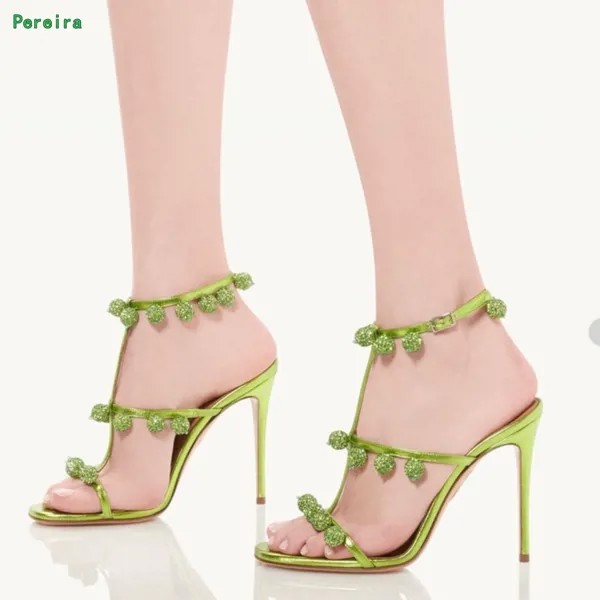 Сандалии женские с круглым носком, однотонные босоножки с бусинами, на тонком высоком каблуке, ремешок на щиколотке, пряжка, вечерняя Обувь, зеленые, лето