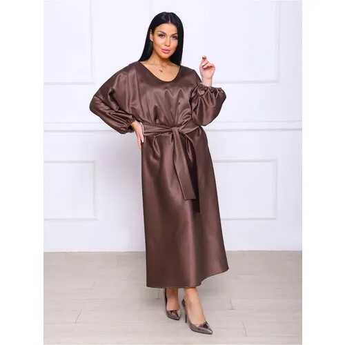 Платье ампир RAPOSA, атлас, вечернее, полуприлегающее, миди, вязаное, размер 44, коричневый
