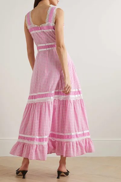 BATSHEVA Ярусное платье макси из хлопка и поплина в мелкую клетку с кружевом и атласом Meadow, розовый