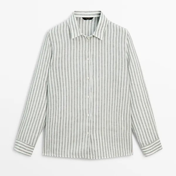 Рубашка Massimo Dutti 100% Linen Striped, зеленый