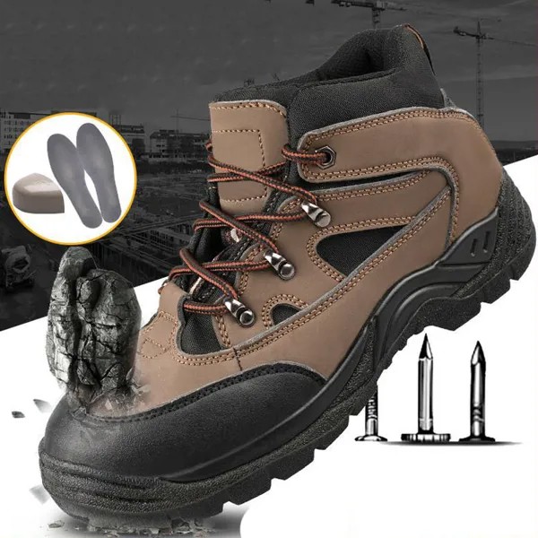 Мужские защитные туфли хаки и шляпа, защитная обувь со стальным носком, небьющиеся, устойчивые к ногам, дышащие, кожаные, мягкие рабочие ботинки, DXZ091