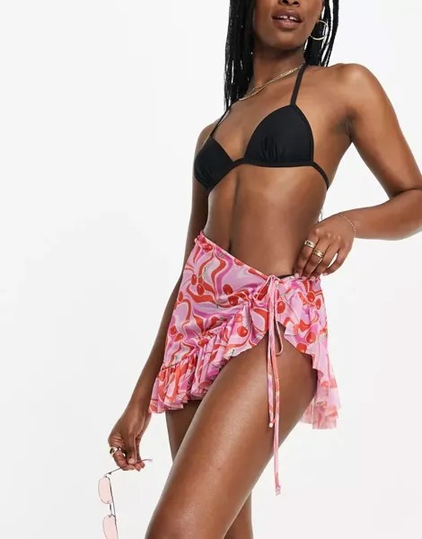 Пляжная юбка-саронг в сеточку с рюшами и вишневым принтом ASYOU, однотонная