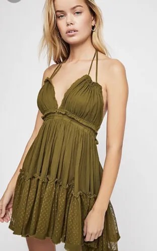 Free People 100-градусное швейцарское кружевное мини-платье с открытой спиной и бретелькой на шее, L, оливковое, редкое