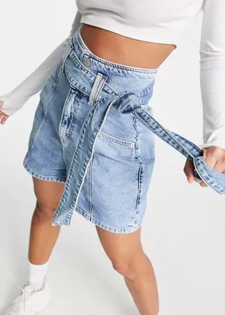 Светло-голубые выбеленные шорты из денима с завязкой на талии Tommy Jeans-Голубой