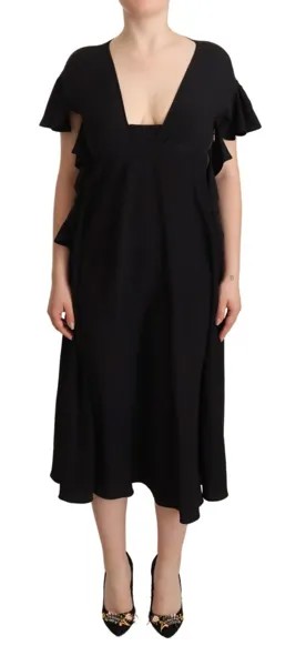 Платье ROCHAS Черное с короткими рукавами и рюшами-футляром А-силуэта миди IT44/US10/L $1400