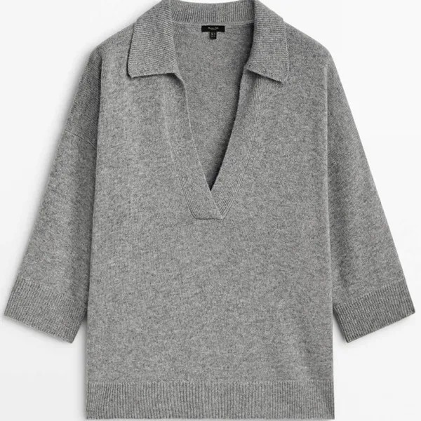 Свитер Massimo Dutti Knit Polo With Short Sleeves, серый