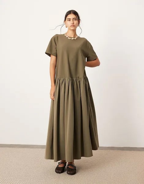 ASOS EDITION – Платье-футболка из джерси оливково-зеленого цвета с заниженной талией и контрастной деталью