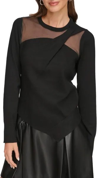 Свитер с длинными рукавами и асимметричным подолом с прозрачными рукавами DKNY, черный