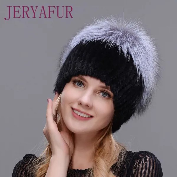 JERYAFUR Теплый Реальный Натуральный Норк Мех Шляпа женский микс Цвет Sliver Fox Мех женщин Зимние шляпы Двойной Помпон Роскошная фасоль