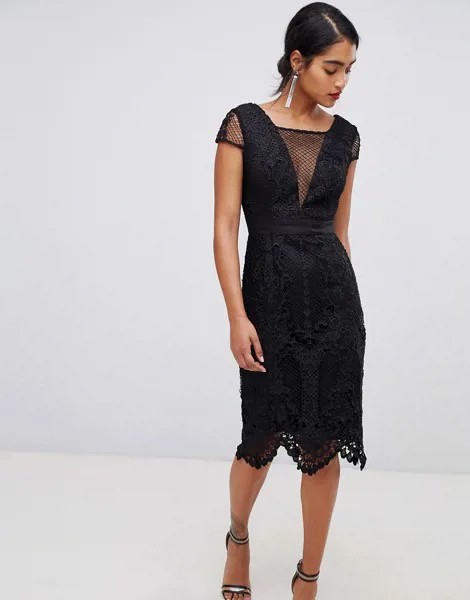 Черное кружевное платье-футляр с V-образным вырезом Chi Chi London-Черный