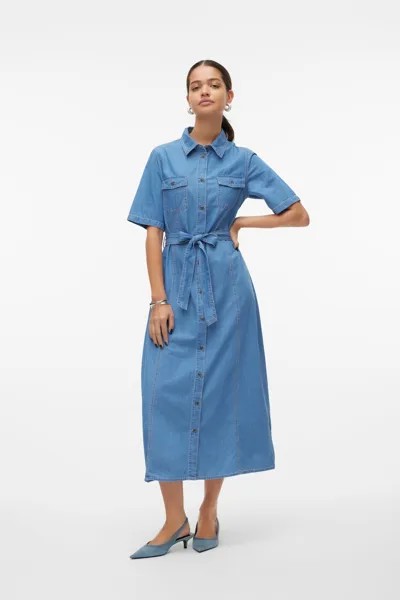 Джинсовое платье миди с короткими рукавами и поясом Vero Moda, синий