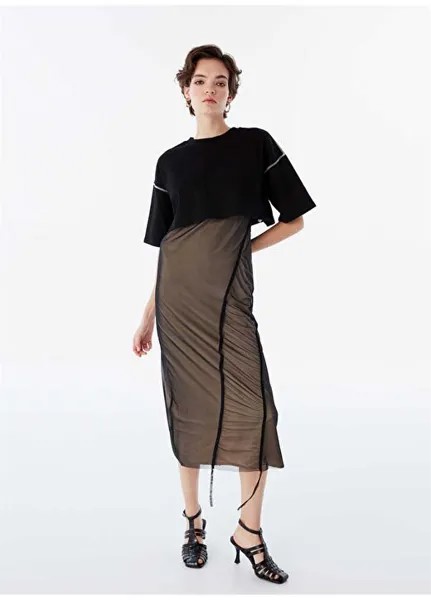 Черное женское платье миди с круглым вырезом цвета экрю TS1240002177082 Twist, экрю