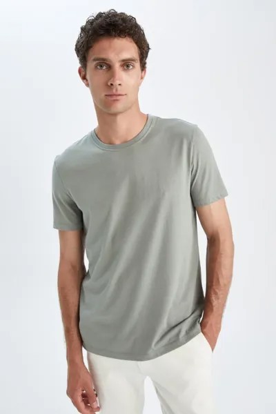 Базовая хлопковая футболка обычного кроя с круглым вырезом и короткими рукавами DeFacto, зеленый