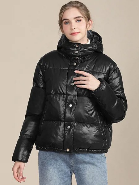 Milanoo Puffer Coats For Women Black Warmth Preservation Hooded Buttons Zipper Long Sleeves Layered