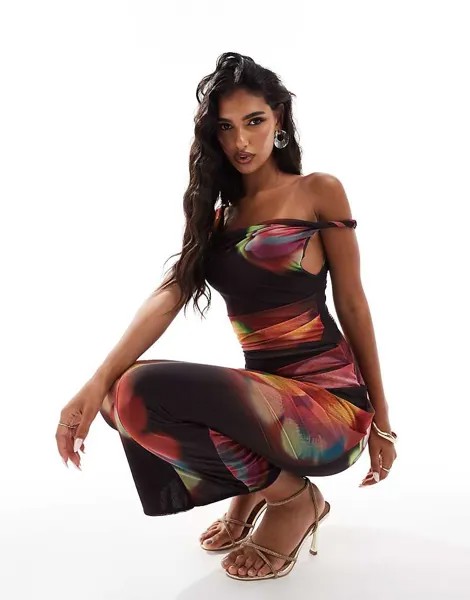 Сетчатое платье миди на одно плечо с цветочным принтом ASOS DESIGN