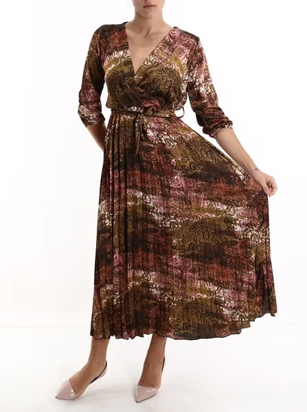 Плиссированное платье с жаккардовым принтом, поясом, v-образным вырезом и бантом, терракотовый
