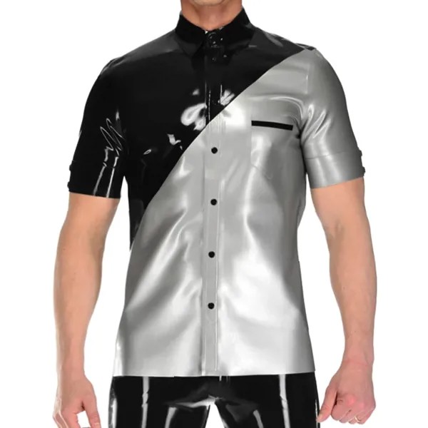 Модные сексуальные рубашки из латекса, резиновые Топы с коротким рукавом и пуговицами спереди, серебристые с черной отделкой для мужчин