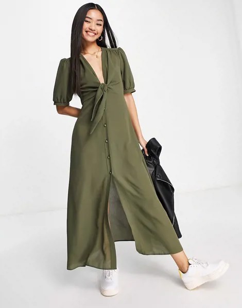 Платье миди цвета хаки на пуговицах с завязкой спереди ASOS DESIGN-Зеленый цвет