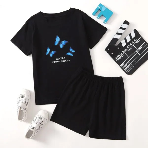 Шорты & футболка с текстовым принтом и узором бабочки для мальчиков