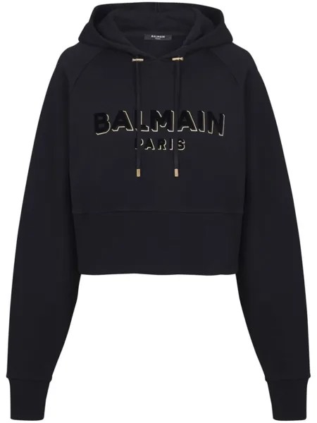 Balmain logo-print cotton hoodie, черный