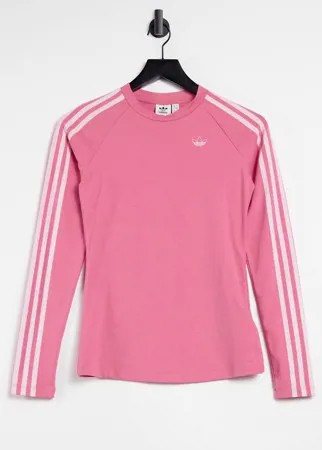 Розовый облегающий лонгслив с тремя полосками и логотипом adidas Originals Fakten-Розовый цвет