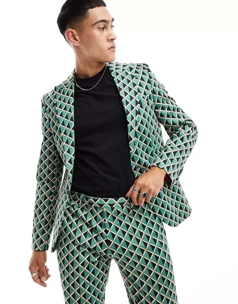 Зеленый пиджак с оттенком Twisted Tailor с геометрическим винтажным принтом