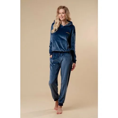Пижама Indefini, брюки, толстовка, длинный рукав, пояс на резинке, капюшон, карманы, размер L(48), синий