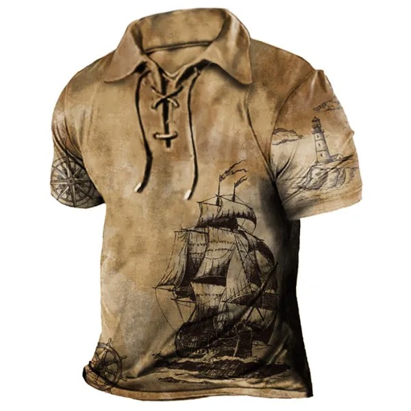 Мужская футболка на шнуровке с винтажной морской лодкой на открытом воздухе