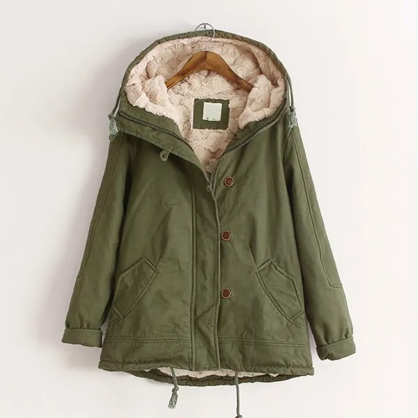Милое плотное Женское зимнее пальто, куртка с капюшоном, пальто с длинным рукавом, ветровка, теплая пушистая куртка, парка армейского зелено...