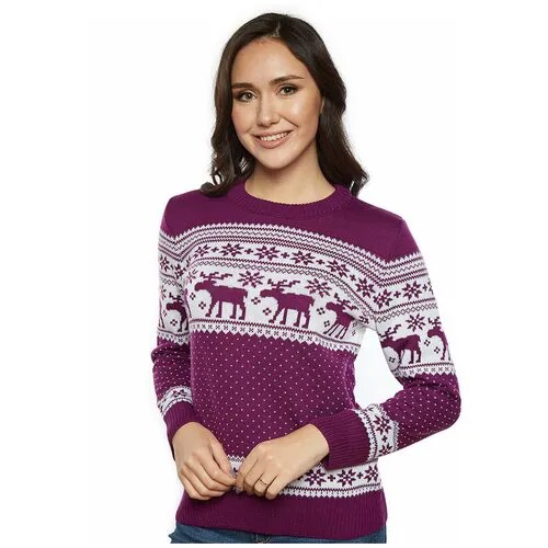 Шерстяной свитер, классический скандинавский орнамент с Оленями и снежинками, натуральная шерсть, фиолетовый цвет, размер S