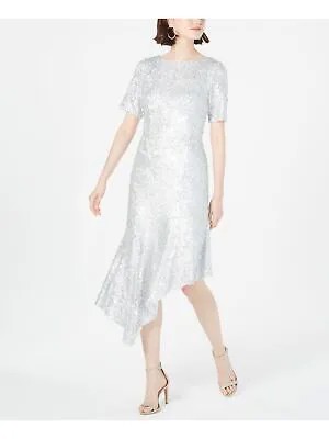 ADRIANNA PAPELL Женское серебряное коктейльное платье с короткими рукавами ниже колена Hi-Lo 2